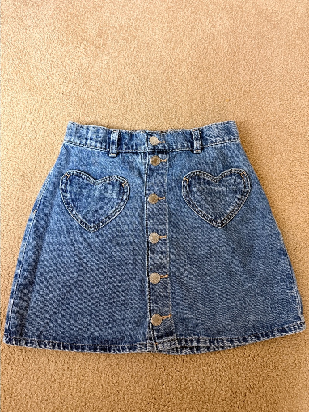 H&M Girls Denim Mini Skirt Heart Pockets Button Front A-Line Size 8
